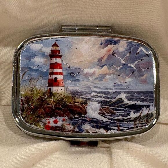 Lighthouse Travel Pill Box 2 Compartment Decorative Medicine Pill Case Metal NEW - Picture 1 of 5